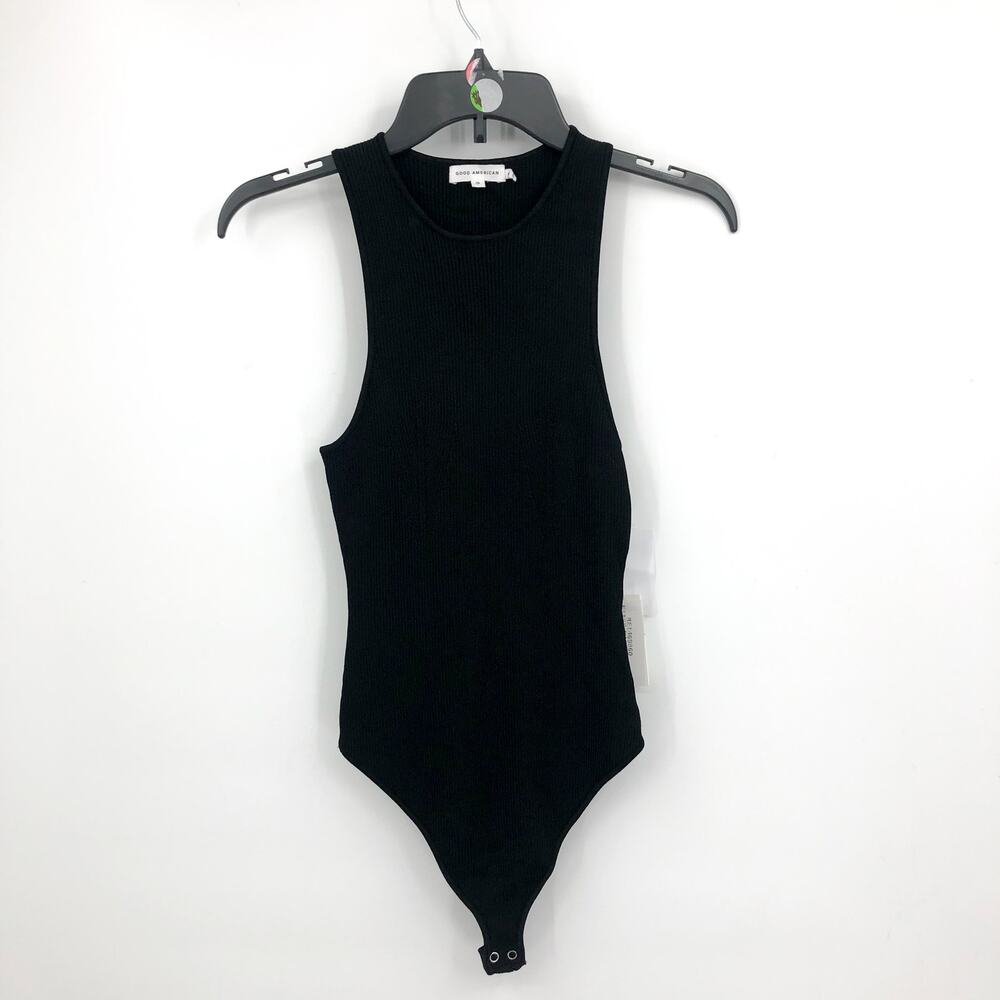 GOOD AMERICAN Angled Rib High Neck Bodysuit Size 3 Large Black Thong NWT